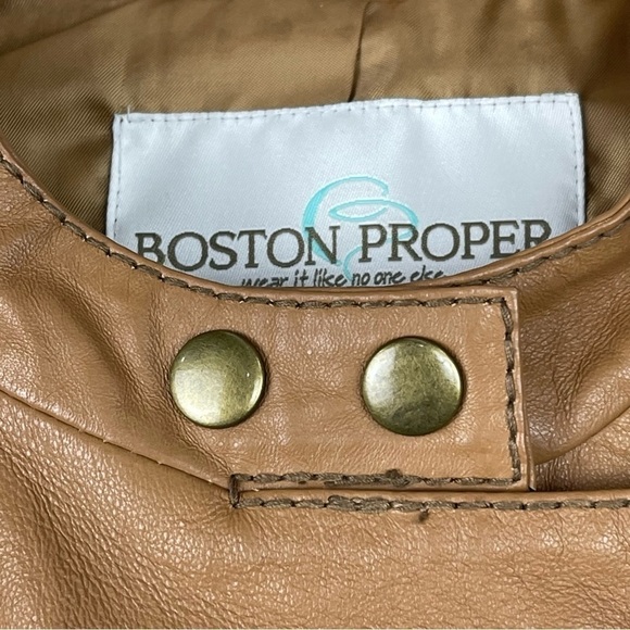 BOSTON PROPER LEATHER ASYMMETRIC ZIPPER STAND COLLAR TAN MOTO JACKET - Picture 10 of 15